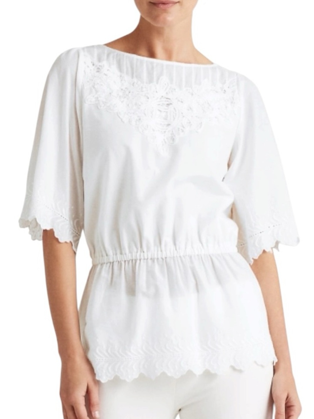 100% Cotton Ralph Lauren Embroidered Voile Batiste Peplum Blouse Size Large